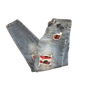 Judy Blue 9/29 Skinny Jeans Blue Distressed red plaid under holes